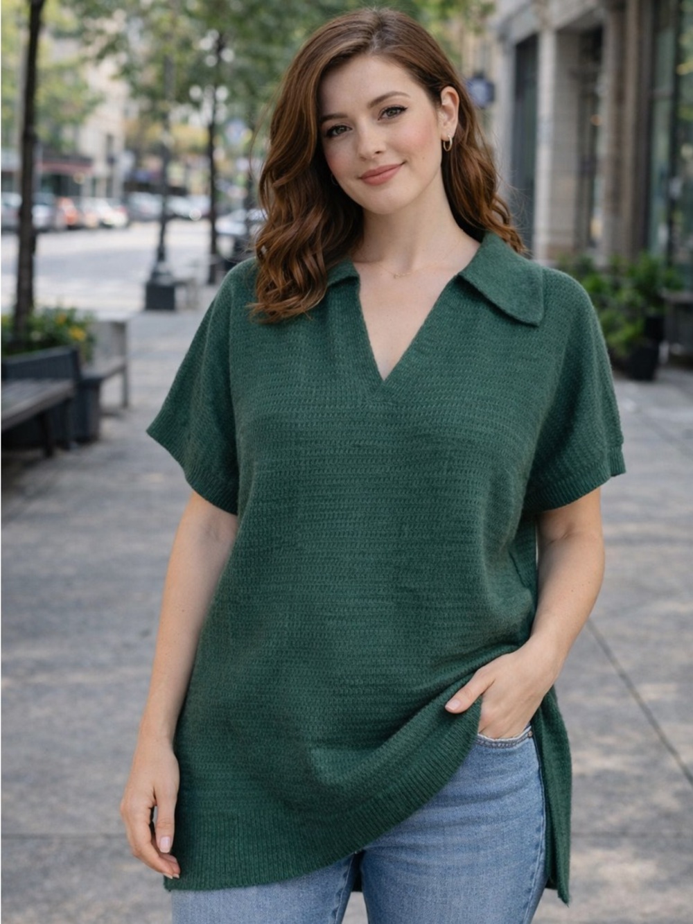 Elegant Green Knit V-Neck Top